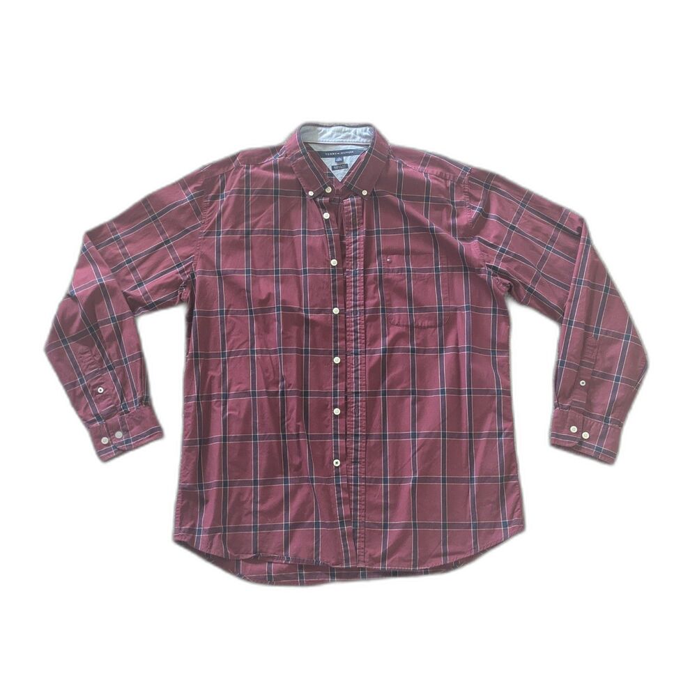Tommy Hilfiger Casual Burgandy Plaid Button Down Shirt Sz XL